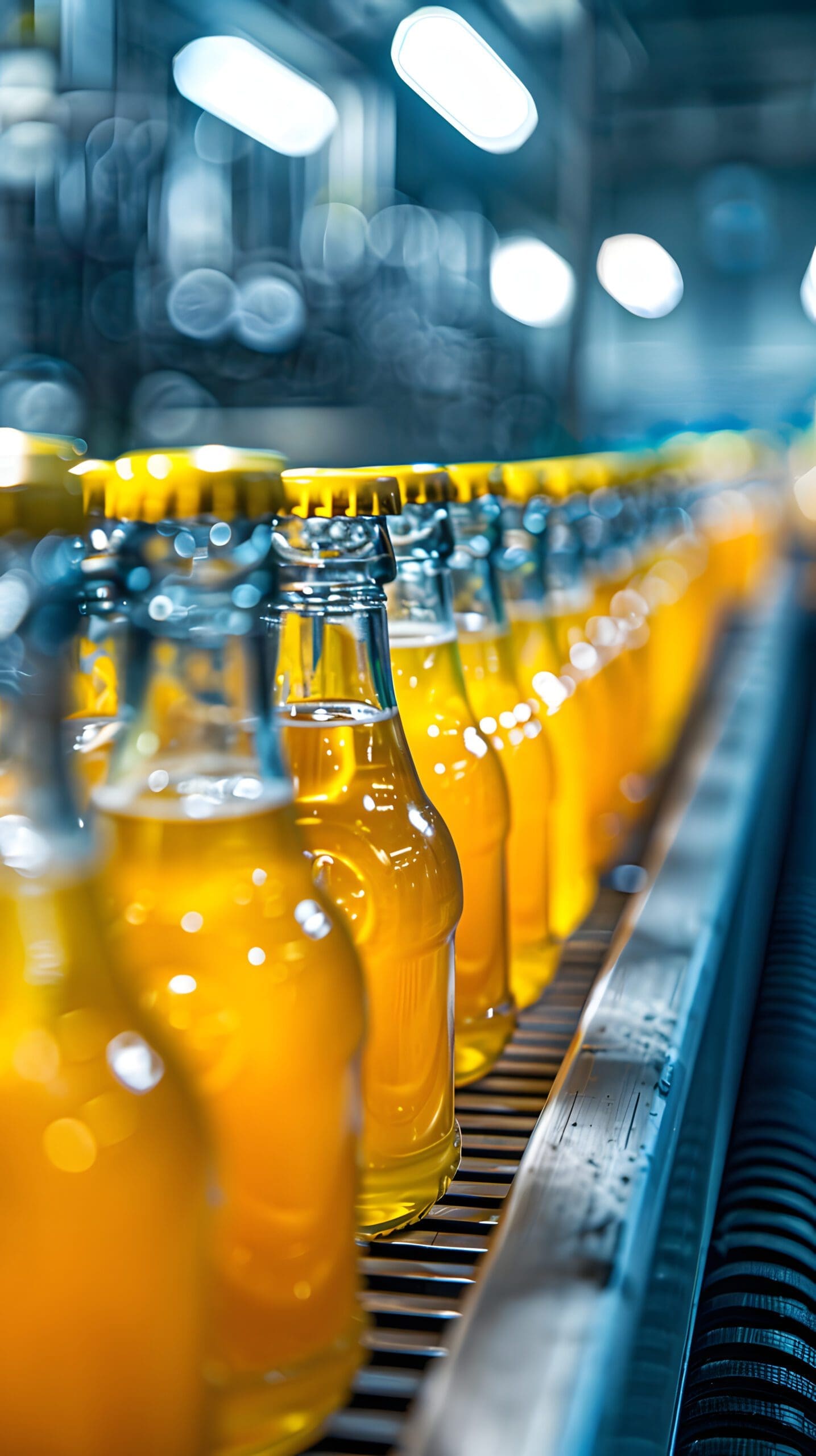 Factory interior of beverage, Production line of manufacturing and packaging juice products, Close up, Glass bottles with screw caps standing on a conveyor belt.